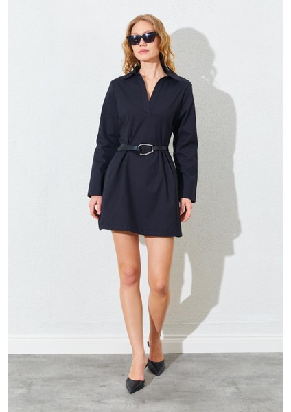 Kadın Siyah Gömlek Yaka Mini Boy Elbise