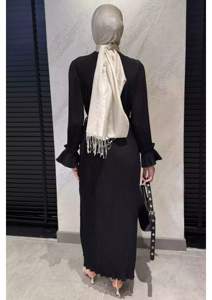 Bel Kuşaklı Gül Detaylı Tesettür Piliseli Elbise P-00015620