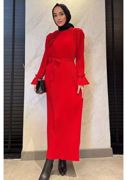 Bel Kuşaklı Gül Detaylı Tesettür Piliseli Elbise P-00015620 modelleri
