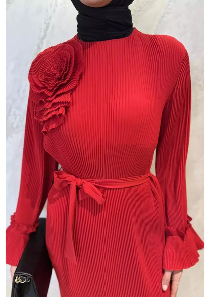 Bel Kuşaklı Gül Detaylı Tesettür Piliseli Elbise P-00015620 fırsatları