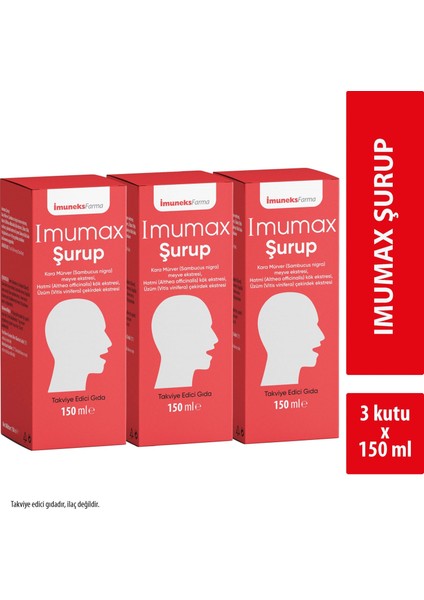 Imuneks Farma Imumax Şurup kara Mürver Meyve EkstresiHatmi Kök EkstresiÜzüm Çekirdek Ekstresi Içeren Takviye Edici Gıda 150 ml x 3 Adet