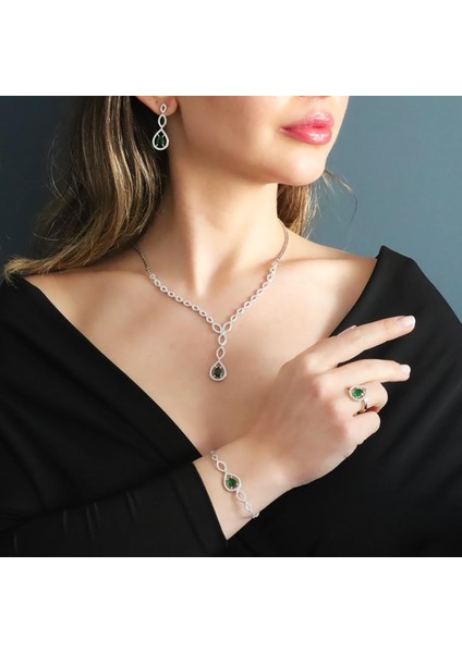 Damla Modeli Yeşil Zirkon Taşlı Gümüş Set