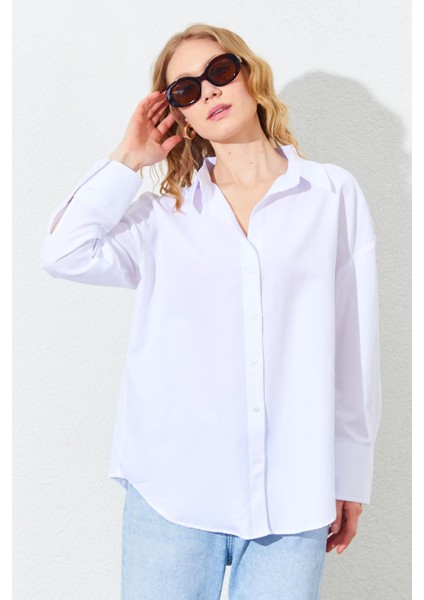 Kadın Lacivert Kalın Manşetli Basic Gömlek