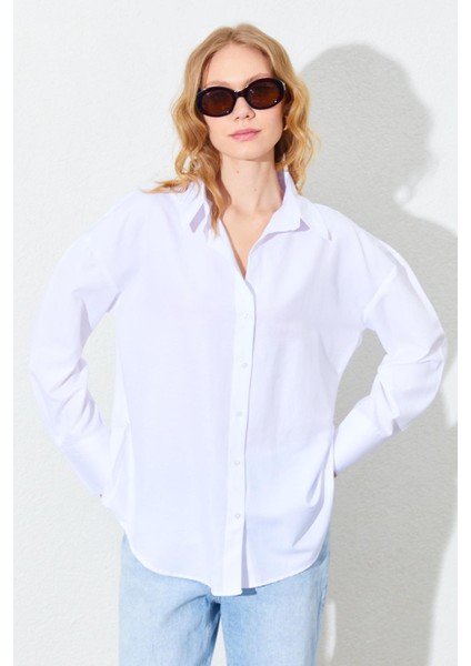 Kadın Lacivert Kalın Manşetli Basic Gömlek modelleri