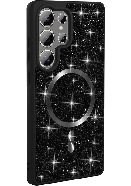 Samsung Galaxy S25 Ultra Kılıf Pırlanta Tasarımlı Kablosuz Şarj Özellikli Mozaik Silikon Kapak