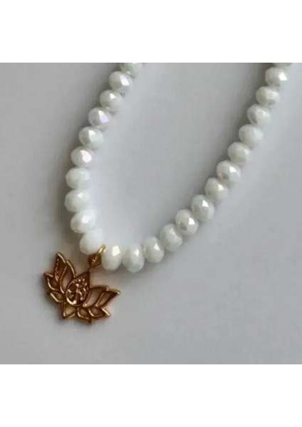 0494 El Yapımı Beyaz Kristal Boncuk Lotus Kolye modelleri