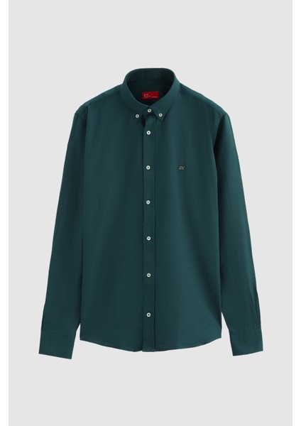 Ds Damat Slim Fit Yeşil Oxford Düğmeli Yaka Kolay Ütülenebilir Nakış Detaylı Pamuklu Gömlek indirimleri