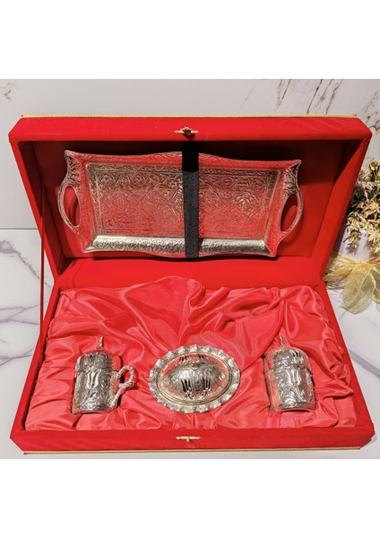 Dm Porselen Gümüş Tepsili Kadife Kutulu 2'Li Kahve Fincan Takımı
