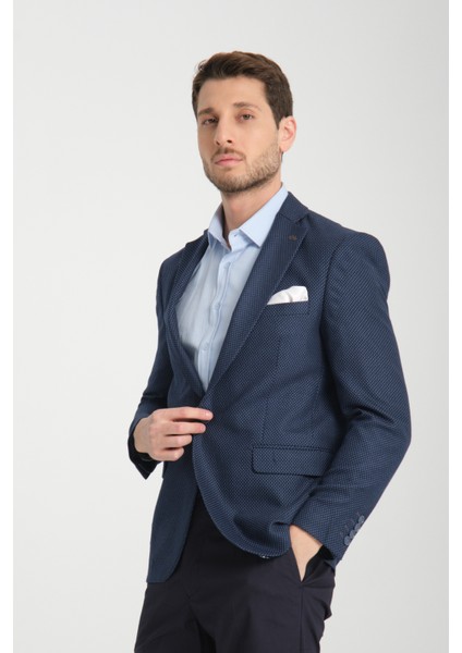 Timone Erkek Açık Lacivert Slim Fit Dar Kesim Desenli Mevsimlik Blazer Ceket