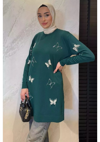 Kelebek Taşlı Bisiklet Yaka Tesettür Tunik P-00015449
