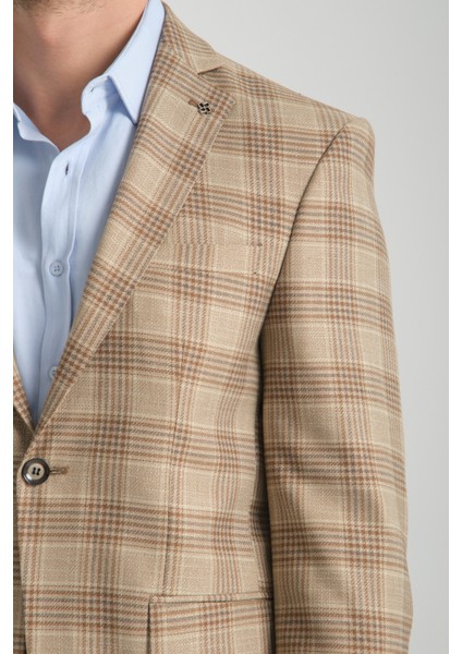 Uche Erkek Vizon Ekose Desenli Slim Fit Mono Yaka Blazer Ceket
