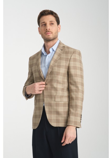 Uche Erkek Vizon Ekose Desenli Slim Fit Mono Yaka Blazer Ceket