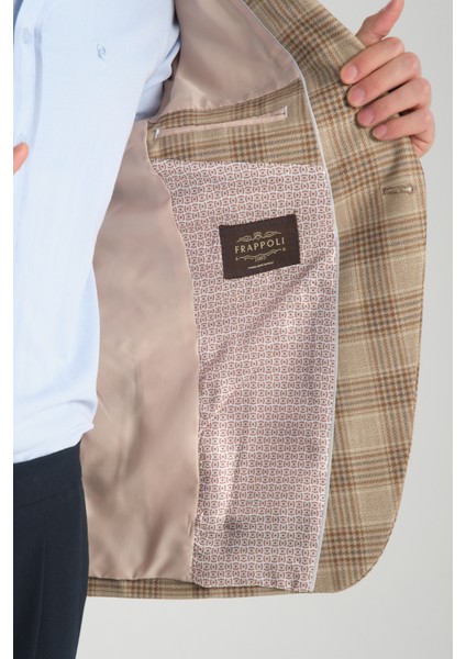 Uche Erkek Vizon Ekose Desenli Slim Fit Mono Yaka Blazer Ceket