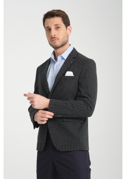 Sumano Erkek Koyu Lacivert Italyan Çizgili Kalın Esnek Kumaş Slim Fit Dar Kesim Blazer Ceket modelleri