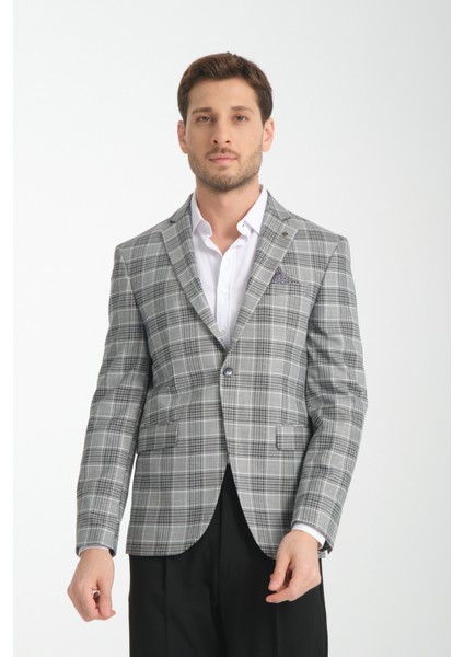 Uche Erkek Vizon Ekose Desenli Slim Fit Mono Yaka Blazer Ceket