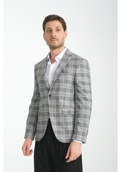 Uche Erkek Vizon Ekose Desenli Slim Fit Mono Yaka Blazer Ceket