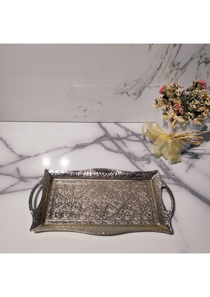 Desenli Gümüş Tepsi Kavisli