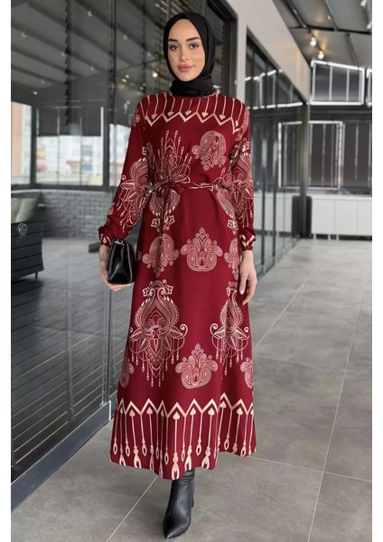 Kendinden Desenli Bel Bağlamalı Tesettür Elbise P-00015540