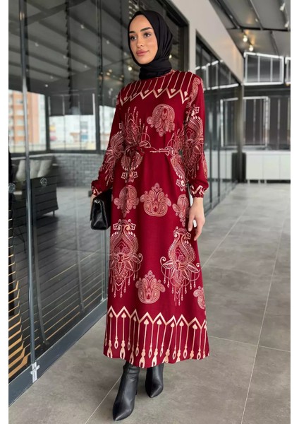 Kendinden Desenli Bel Bağlamalı Tesettür Elbise P-00015540 fiyatları