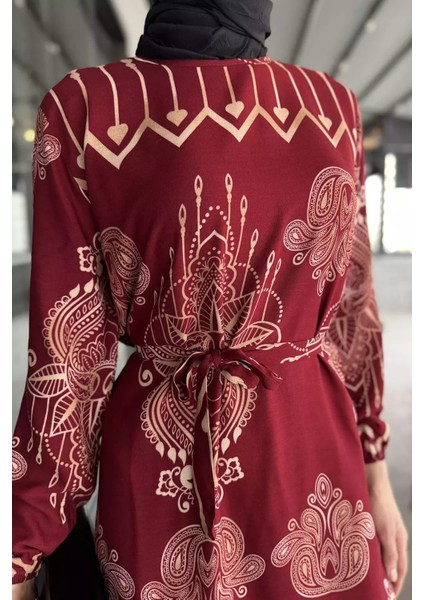 Kendinden Desenli Bel Bağlamalı Tesettür Elbise P-00015540 modelleri