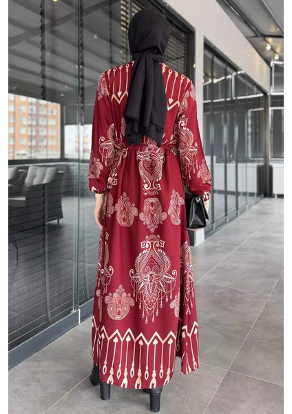 Kendinden Desenli Bel Bağlamalı Tesettür Elbise P-00015540 fırsatları