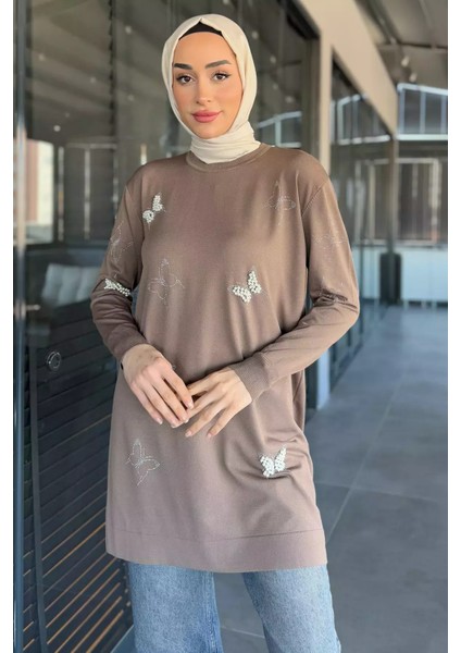 Kelebek Taşlı Bisiklet Yaka Tesettür Tunik P-00015449