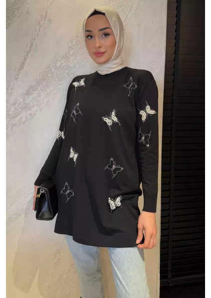 Kelebek Taşlı Bisiklet Yaka Tesettür Tunik P-00015449