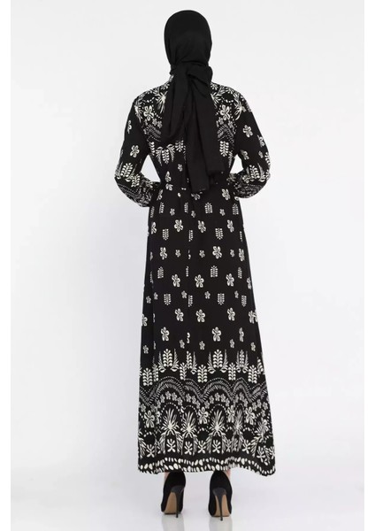 Desenli Bel Kuşaklı Tesettür Viskon Elbise P-00015312