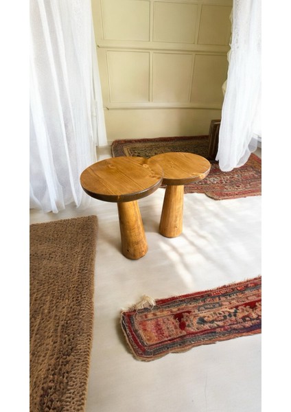 Wood Ahşap 2'li Set Konik Model Mantar Yan Sehpa Modern Fiskos /tik Ağacı Renk / Zigon Sehpa