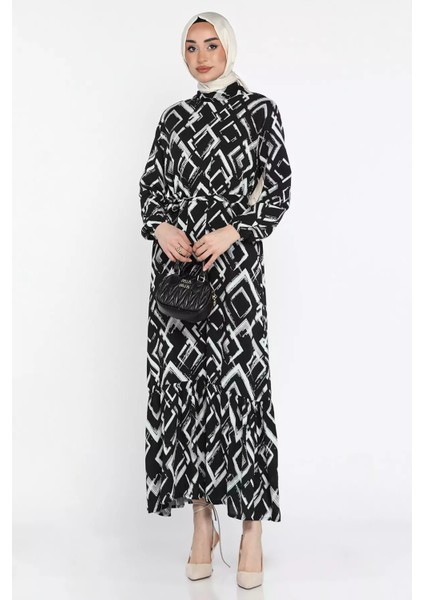 Desenli Bel Kuşaklı Tesettür Viskon Elbise P-00015332