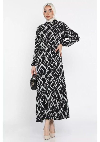 Desenli Bel Kuşaklı Tesettür Viskon Elbise P-00015332 fiyatları