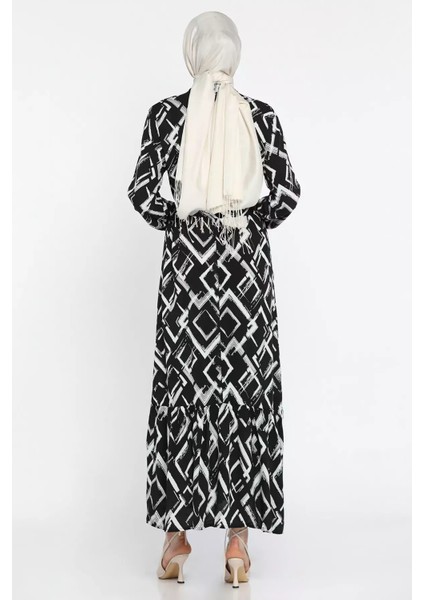 Desenli Bel Kuşaklı Tesettür Viskon Elbise P-00015332 modelleri