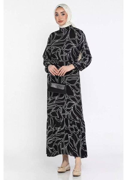 Bel Bağlamalı Desenli Tesettür Viskon Elbise P-00015329