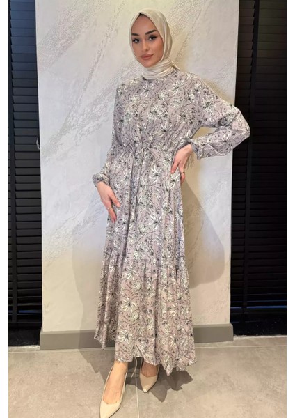 Çiçek Desenli Bel Bağlamalı Tesettür Viskon Elbise P-00015314