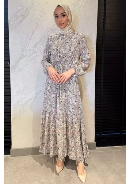 Çiçek Desenli Bel Bağlamalı Tesettür Viskon Elbise P-00015314 fiyatları
