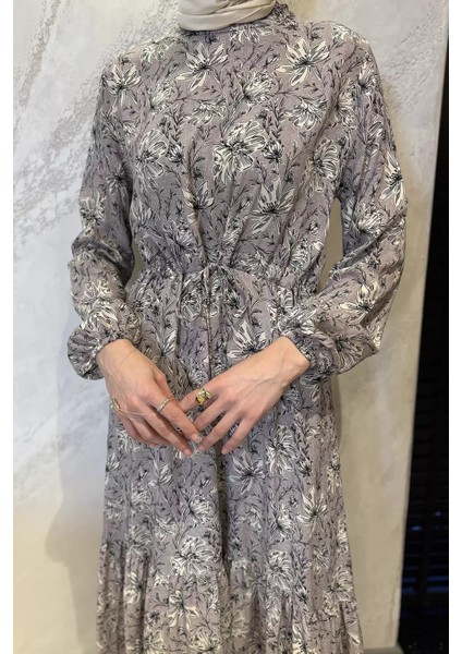 Çiçek Desenli Bel Bağlamalı Tesettür Viskon Elbise P-00015314 modelleri