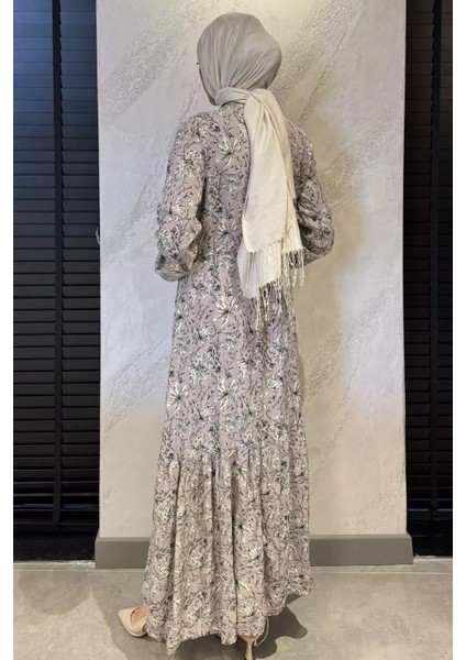 Çiçek Desenli Bel Bağlamalı Tesettür Viskon Elbise P-00015314 fırsatları