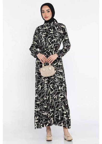Desenli Bel Bağlamalı Tesettür Viskon Elbise P-00015331