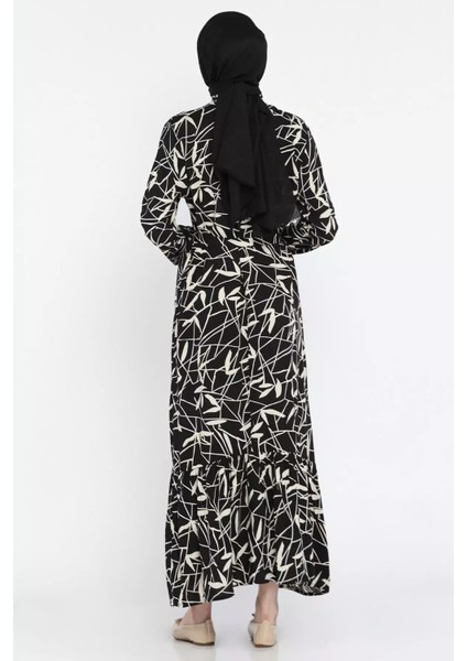 Desenli Bel Bağlamalı Tesettür Viskon Elbise P-00015331 modelleri