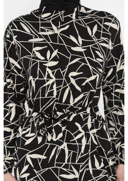 Desenli Bel Bağlamalı Tesettür Viskon Elbise P-00015331 fırsatları