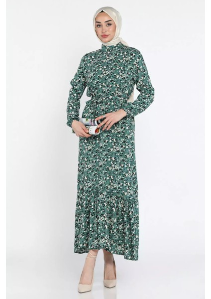 Bel Kuşaklı Desenli Viskon Tesettür Elbise P-00015309