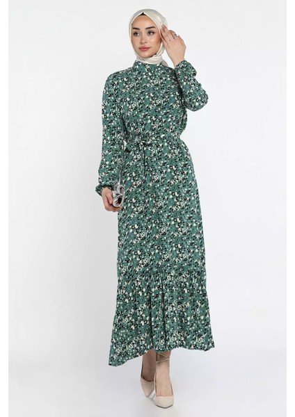 Bel Kuşaklı Desenli Viskon Tesettür Elbise P-00015309 fiyatları