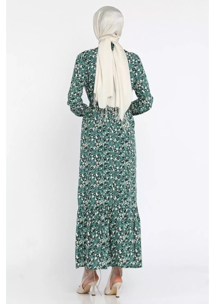 Bel Kuşaklı Desenli Viskon Tesettür Elbise P-00015309 modelleri