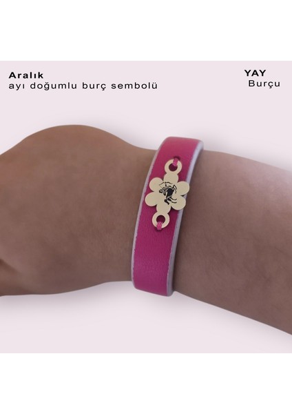 14 Ayar Altın Plakalı Kız Çocuklara Özel Çiçek Motifli Özgün Derili Burç Bilekliği-383BURÇ-PEMBE