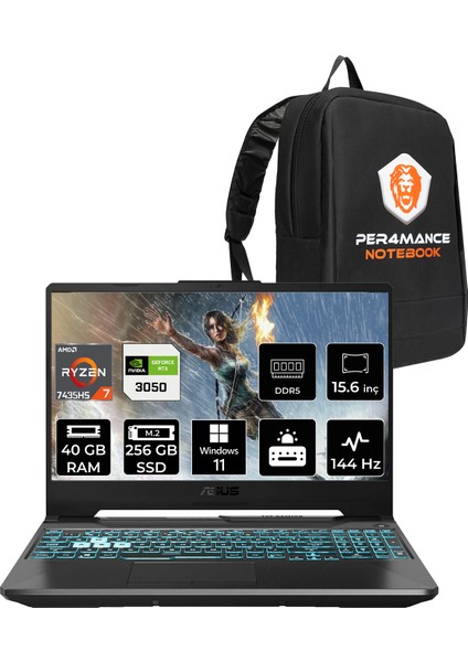 Tuf Gaming A15 Amd Ryzen 7 7435HS 40GB 256GB SSD RTX3050/4GB 75W 15.6" Fhd 144Hz Windows 11 Pro Taşınabilir Bilgisayar & Per4 Çanta FA506NCRHN034P401