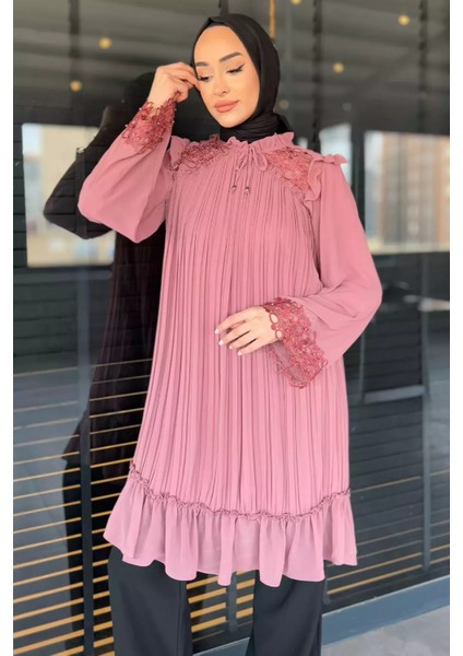 Kadın Ön Bağlamalı Güpürlü Incili Tesettür Pileli Tunik P-00014875