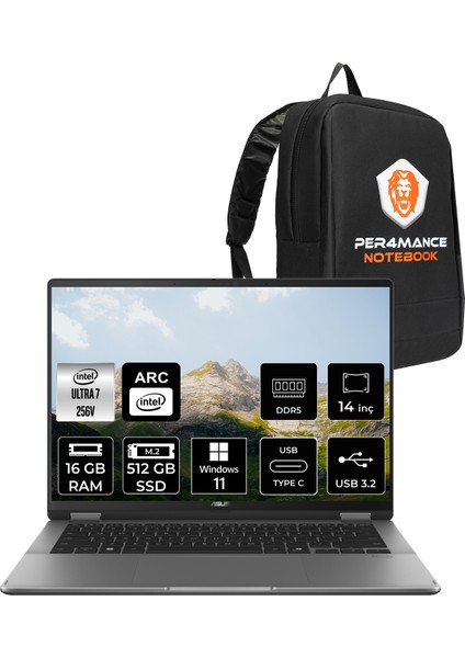 Vivobook 14 Flip Intel Core Ultra 7 256V 16GB 512GB SSD 14" Fhd+ Windows 11 Pro Touch Taşınabilir Bilgisayar & Per4 Çanta TP3407SAQL092WP307