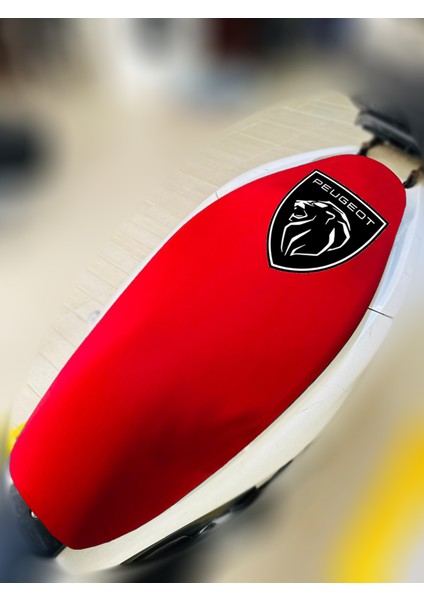 Peugeot Django Kırmızı Kumaş Motosiklet Sele Kılıfı Logolu Penye Sele Koltuk Kılıfı-A