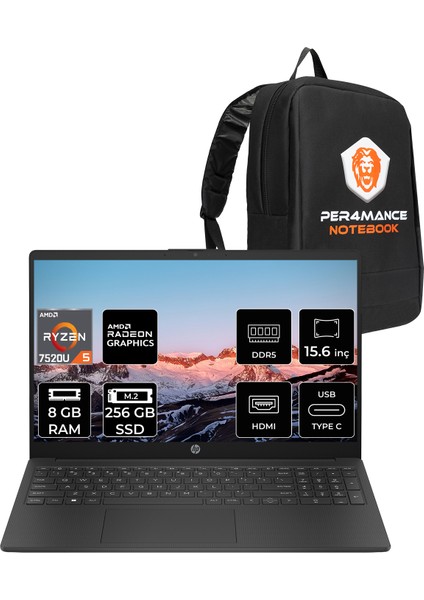 15 Amd Ryzen 5 7520U 8gb 256GB SSD 15.6" Fhd Fdos Taşınabilir Bilgisayar & Per4 Çanta 7P6B0EAPN301