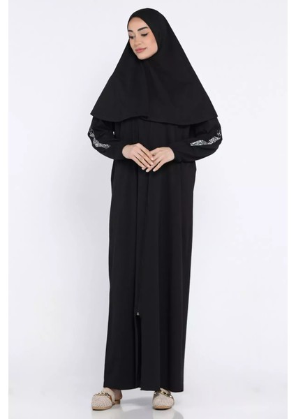 Kadın Pratik Başörtülü ve Çantalı Taş Işlemeli Penye Kumaş Namaz Elbisesi P-00015145